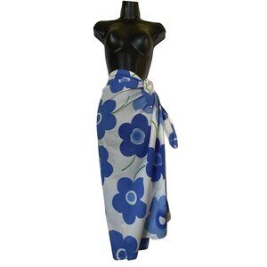La Blanca By Rod Beattie 100% Cotton Floral Sarong Wrap Skirt Blue White Beach